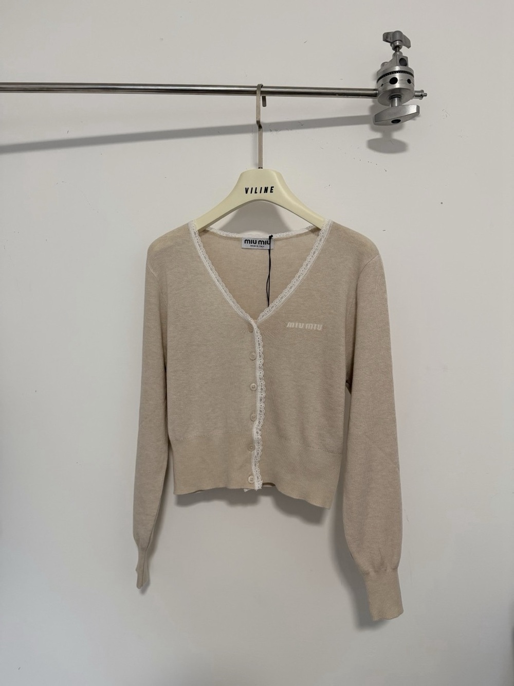 🤍 Miu Miu White Lace Edge Button Front Knit Top